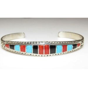 Zuni Inlay Turquoise Coral Bracelet Sterling Native American D. Luna